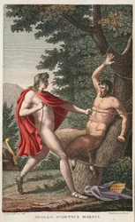 Marsyas wird von Apollo gehäutet, Buch VI, Illustration aus Ovids Metamorphosen, Florenz